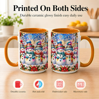 #pl[15oz|Orange] Colorful Snowman Family Coffee Mug, Winter Lights Mug, Ceramic Cup