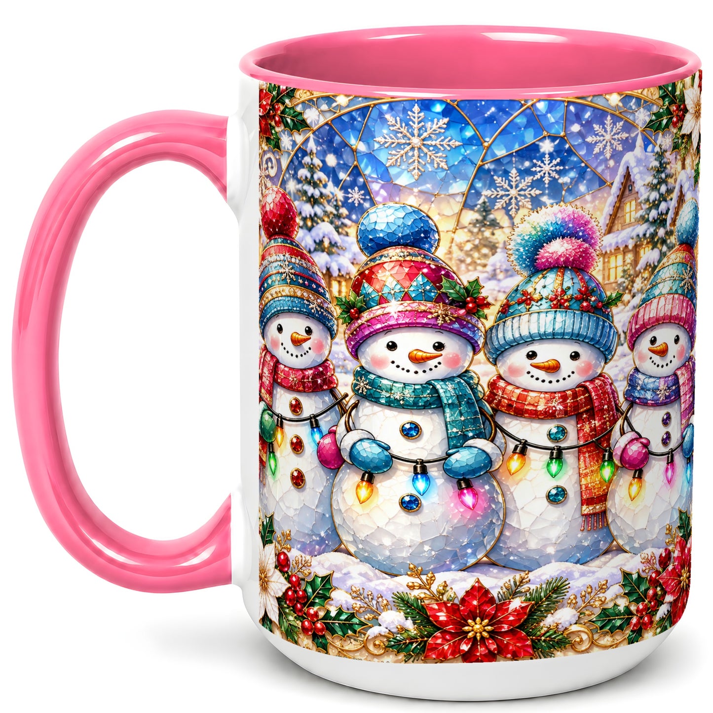 #pl[15oz|Pink] Colorful Snowman Family Coffee Mug, Winter Lights Mug, Ceramic Cup