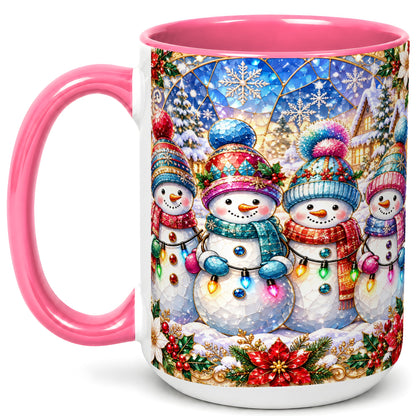#pl[15oz|Pink] Colorful Snowman Family Coffee Mug, Winter Lights Mug, Ceramic Cup