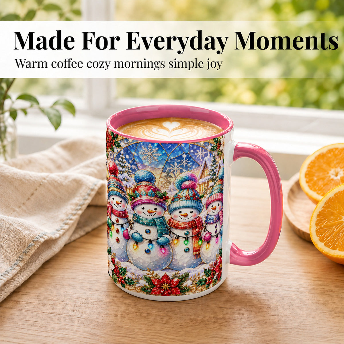 #pl[15oz|Pink] Colorful Snowman Family Coffee Mug, Winter Lights Mug, Ceramic Cup