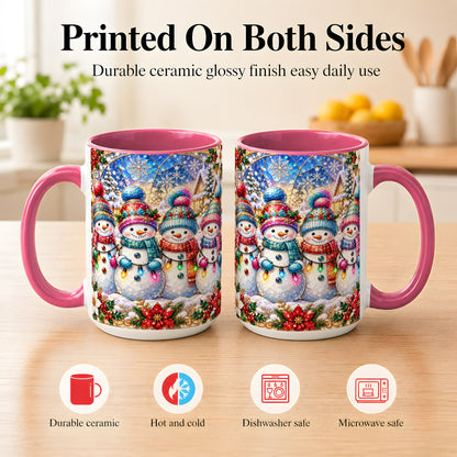 #pl[15oz|Pink] Colorful Snowman Family Coffee Mug, Winter Lights Mug, Ceramic Cup