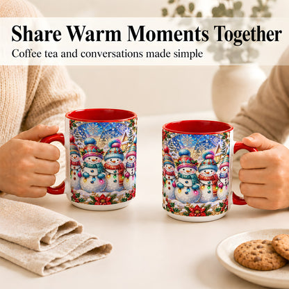 #pl[15oz|Red] Colorful Snowman Family Coffee Mug, Winter Lights Mug, Ceramic Cup