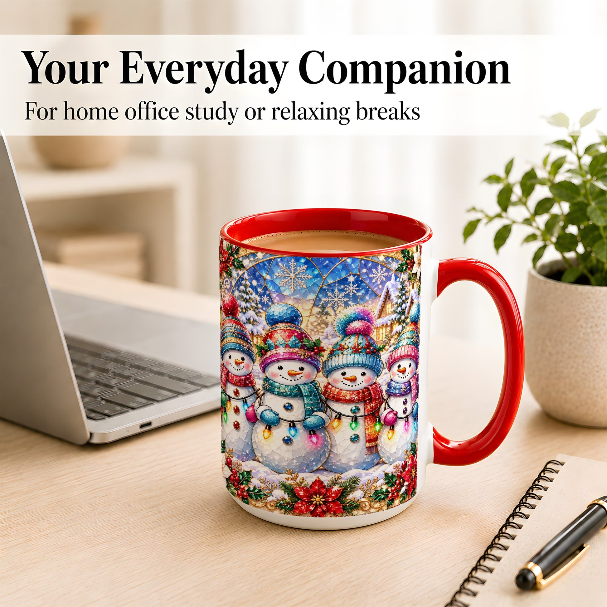 #pl[15oz|Red] Colorful Snowman Family Coffee Mug, Winter Lights Mug, Ceramic Cup