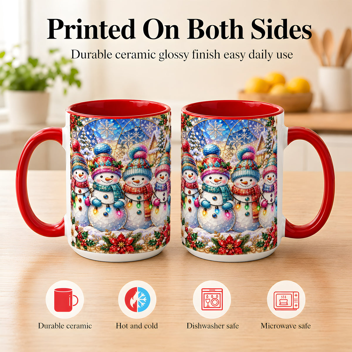 #pl[15oz|Red] Colorful Snowman Family Coffee Mug, Winter Lights Mug, Ceramic Cup