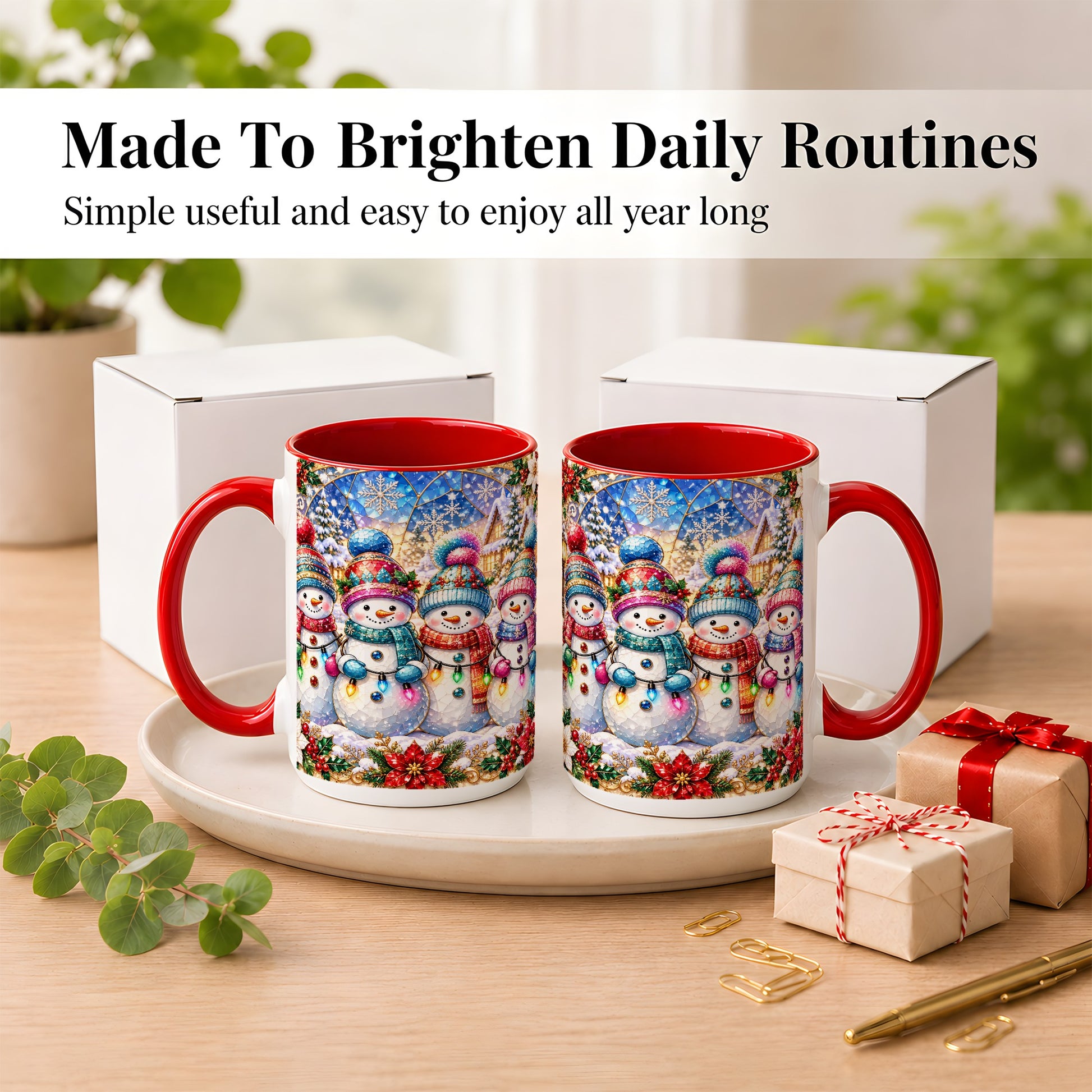 #pl[15oz|Red] Colorful Snowman Family Coffee Mug, Winter Lights Mug, Ceramic Cup