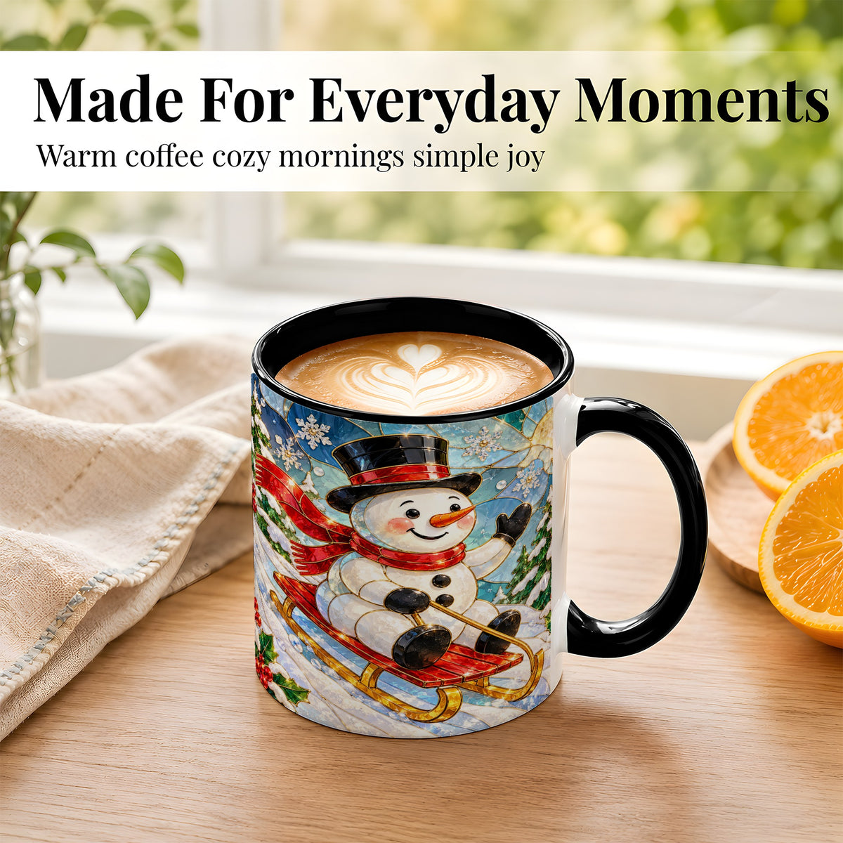 #pl[11oz|Black] Sledding Snowman Coffee Mug, Stained Glass Style Mug, Ceramic Cup