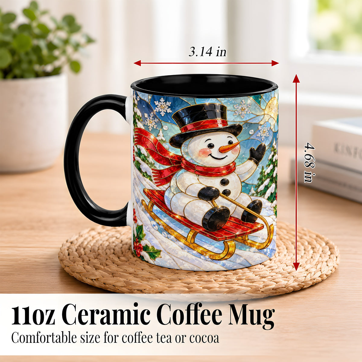 #pl[11oz|Black] Sledding Snowman Coffee Mug, Stained Glass Style Mug, Ceramic Cup