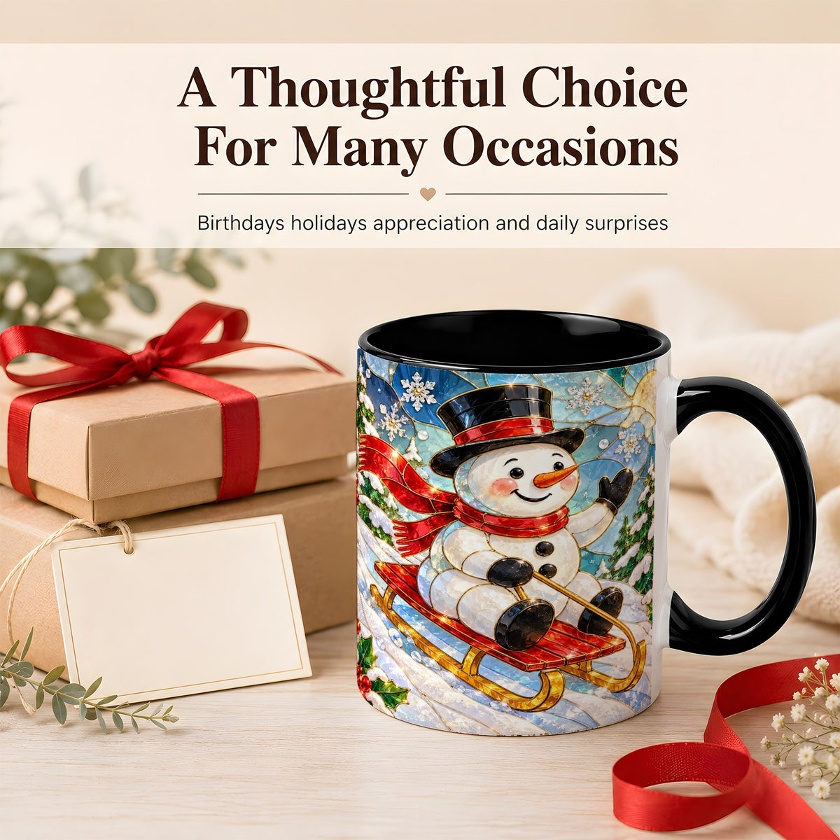 #pl[11oz|Black] Sledding Snowman Coffee Mug, Stained Glass Style Mug, Ceramic Cup