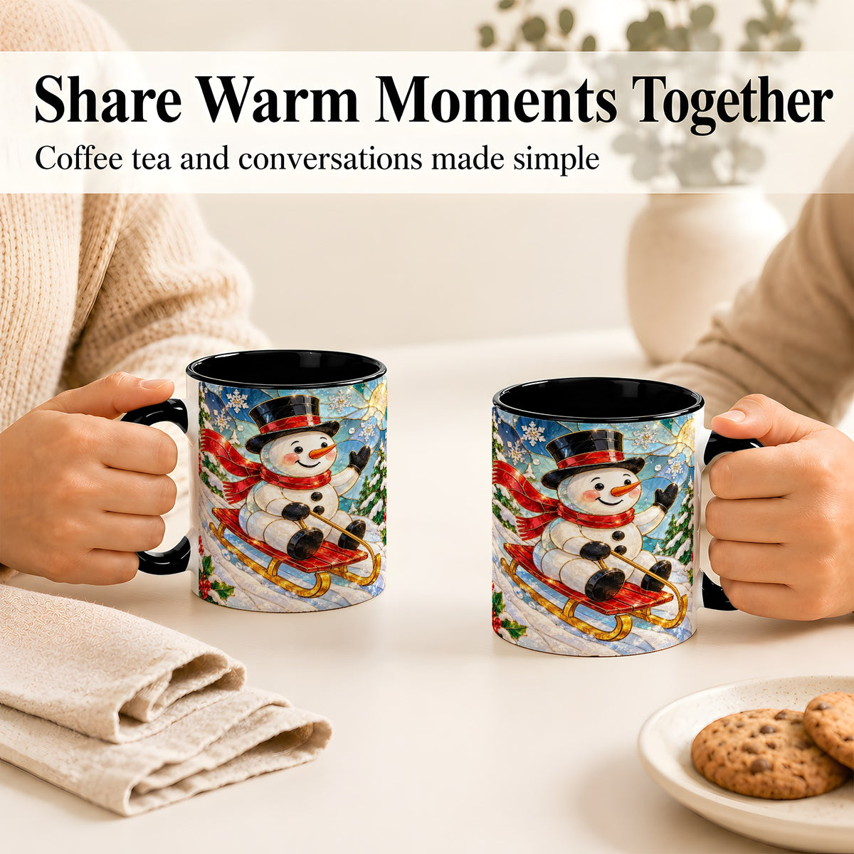 #pl[11oz|Black] Sledding Snowman Coffee Mug, Stained Glass Style Mug, Ceramic Cup
