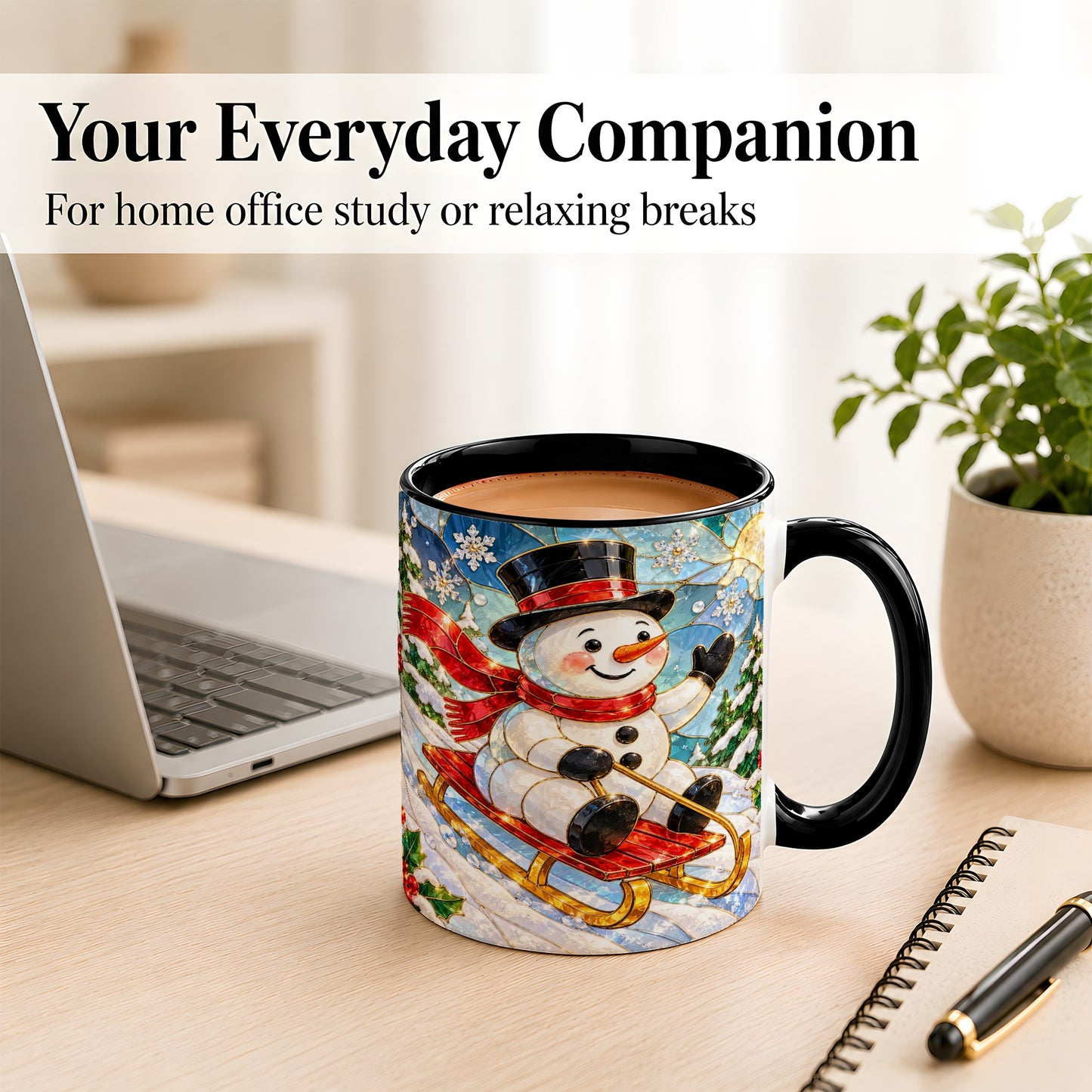 #pl[11oz|Black] Sledding Snowman Coffee Mug, Stained Glass Style Mug, Ceramic Cup