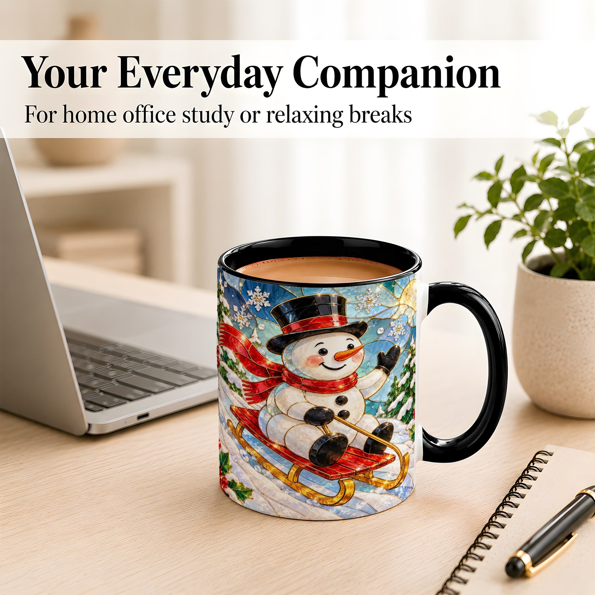 #pl[11oz|Black] Sledding Snowman Coffee Mug, Stained Glass Style Mug, Ceramic Cup