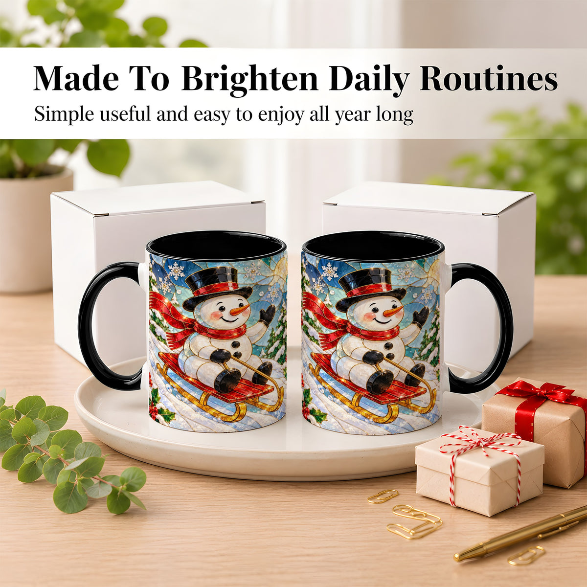 #pl[11oz|Black] Sledding Snowman Coffee Mug, Stained Glass Style Mug, Ceramic Cup