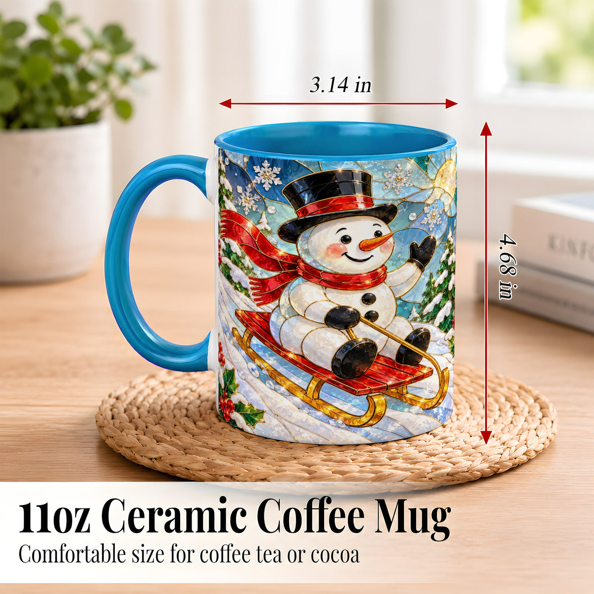#pl[11oz|Blue] Sledding Snowman Coffee Mug, Stained Glass Style Mug, Ceramic Cup