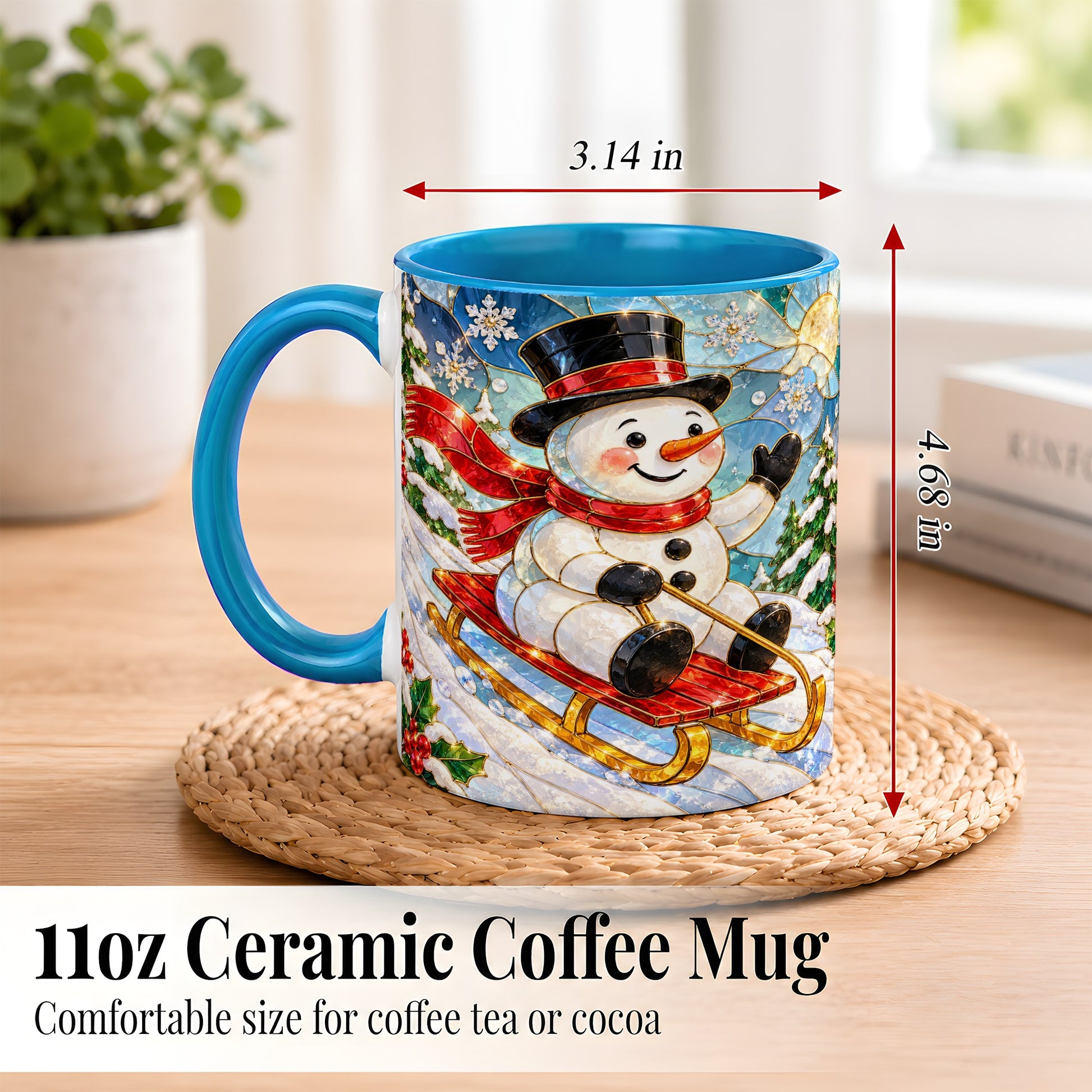 #pl[11oz|Blue] Sledding Snowman Coffee Mug, Stained Glass Style Mug, Ceramic Cup