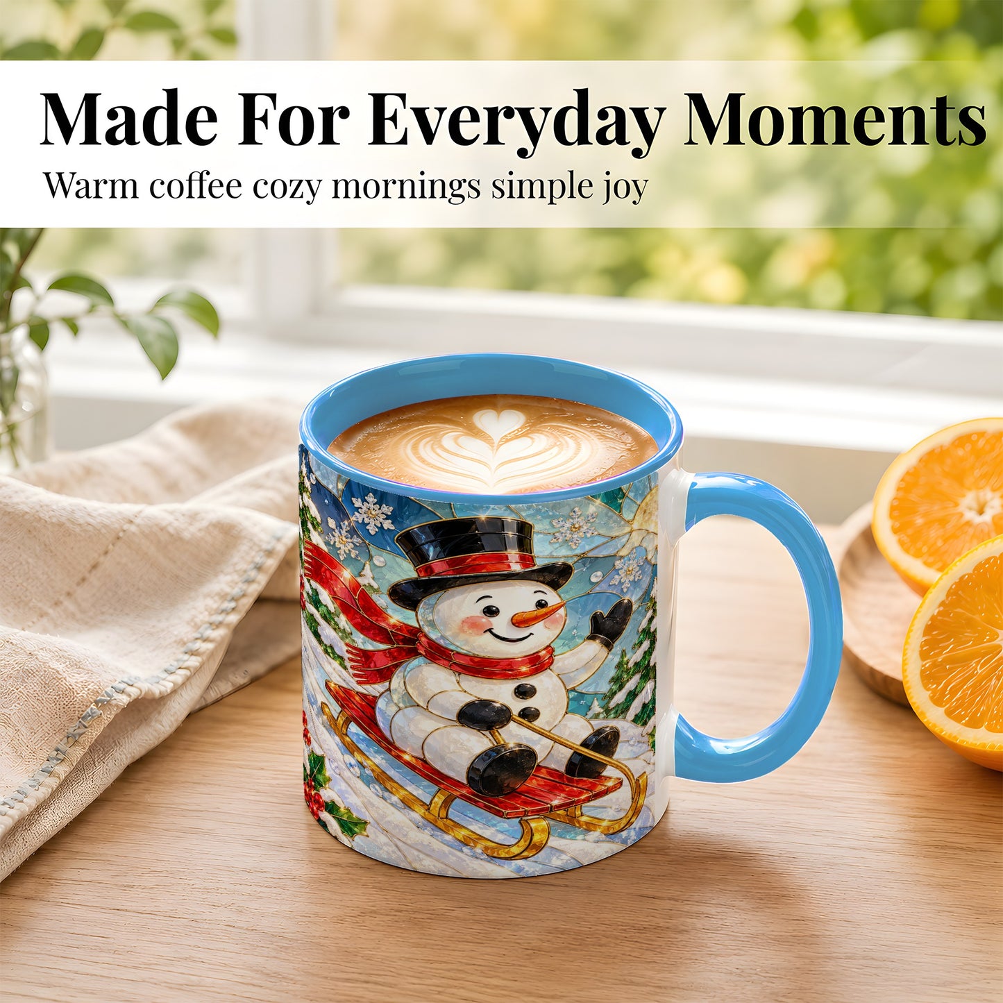 #pl[11oz|Blue] Sledding Snowman Coffee Mug, Stained Glass Style Mug, Ceramic Cup