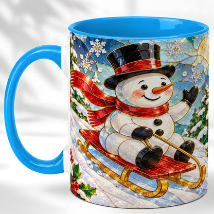 #pl[11oz|Blue] Sledding Snowman Coffee Mug, Stained Glass Style Mug, Ceramic Cup