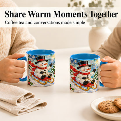 #pl[11oz|Blue] Sledding Snowman Coffee Mug, Stained Glass Style Mug, Ceramic Cup