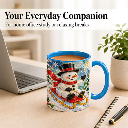 #pl[11oz|Blue] Sledding Snowman Coffee Mug, Stained Glass Style Mug, Ceramic Cup
