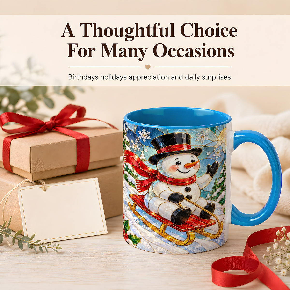 #pl[11oz|Blue] Sledding Snowman Coffee Mug, Stained Glass Style Mug, Ceramic Cup