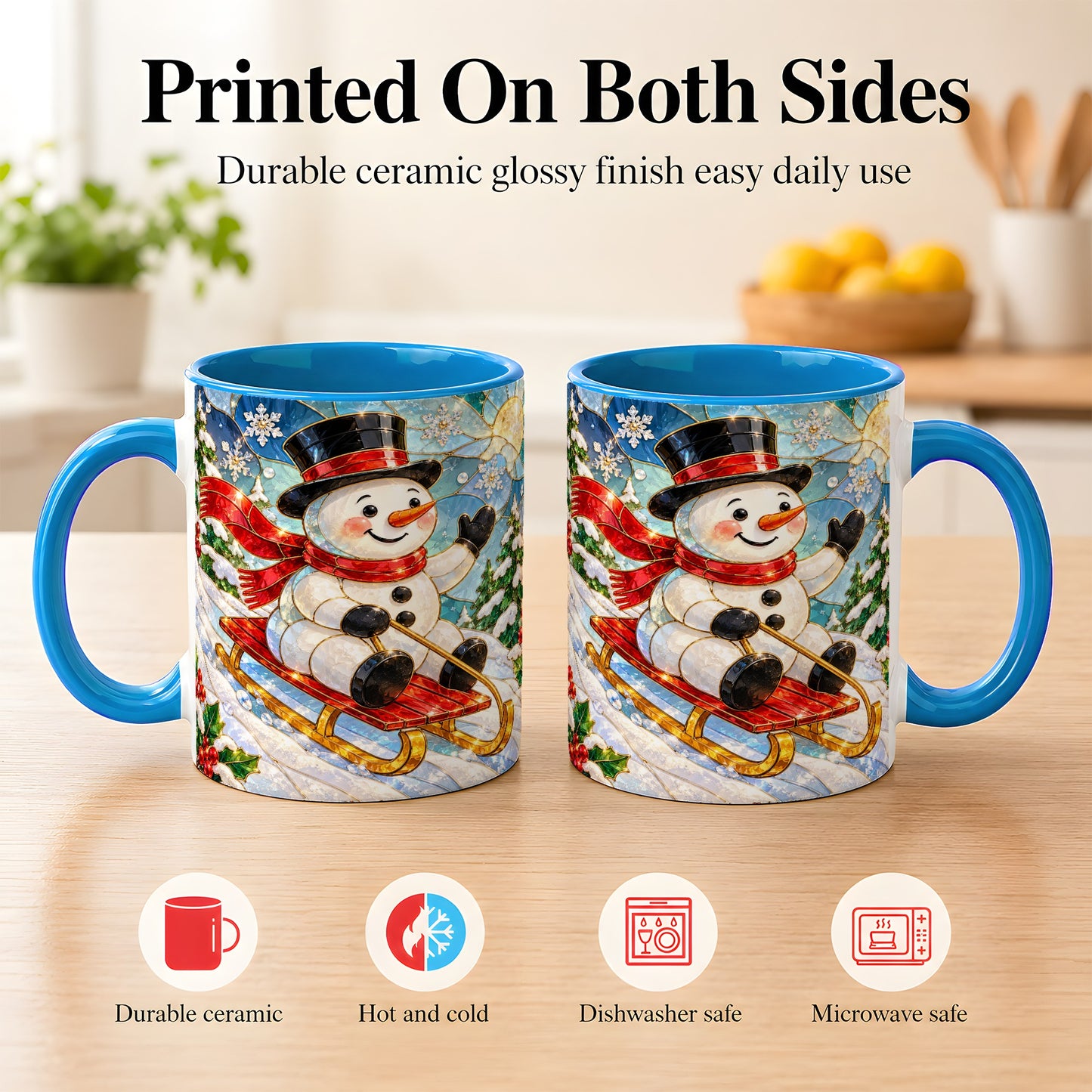 #pl[11oz|Blue] Sledding Snowman Coffee Mug, Stained Glass Style Mug, Ceramic Cup