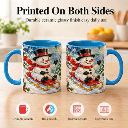 #pl[11oz|Blue] Sledding Snowman Coffee Mug, Stained Glass Style Mug, Ceramic Cup