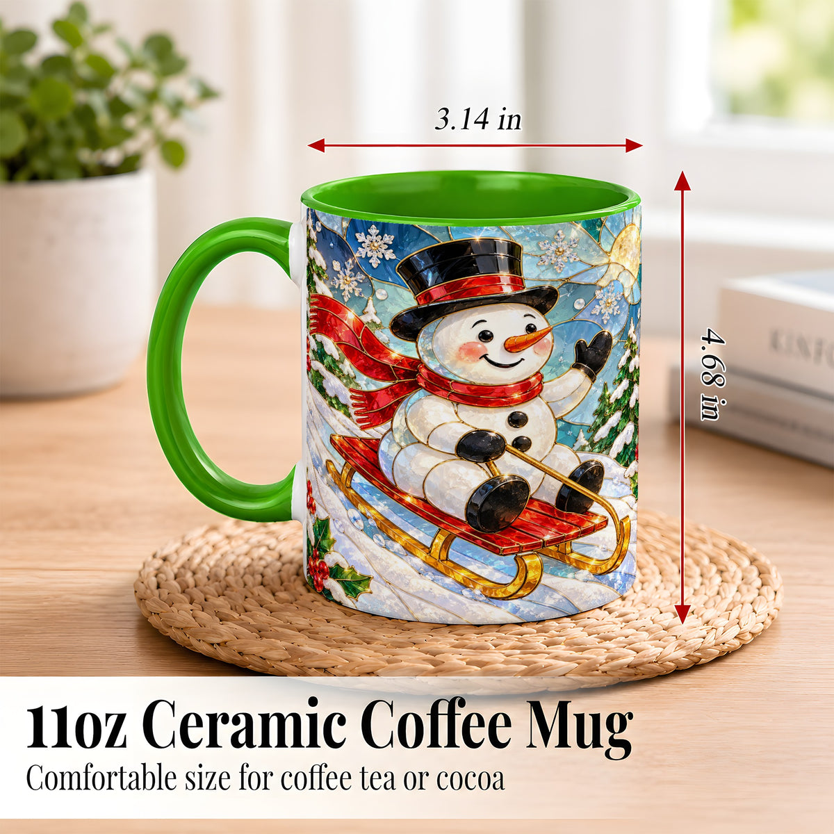 #pl[11oz|Green] Sledding Snowman Coffee Mug, Stained Glass Style Mug, Ceramic Cup