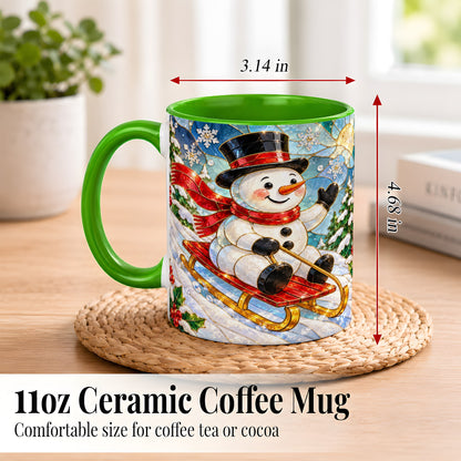 #pl[11oz|Green] Sledding Snowman Coffee Mug, Stained Glass Style Mug, Ceramic Cup