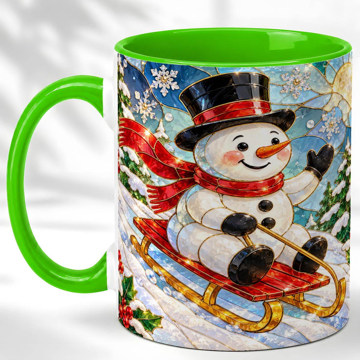 #pl[11oz|Green] Sledding Snowman Coffee Mug, Stained Glass Style Mug, Ceramic Cup