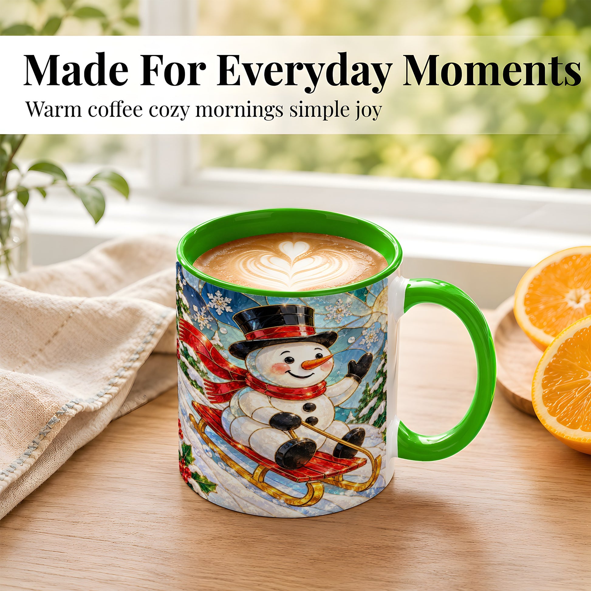 #pl[11oz|Green] Sledding Snowman Coffee Mug, Stained Glass Style Mug, Ceramic Cup
