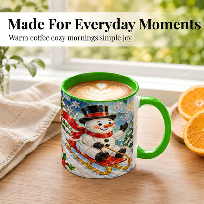#pl[11oz|Green] Sledding Snowman Coffee Mug, Stained Glass Style Mug, Ceramic Cup