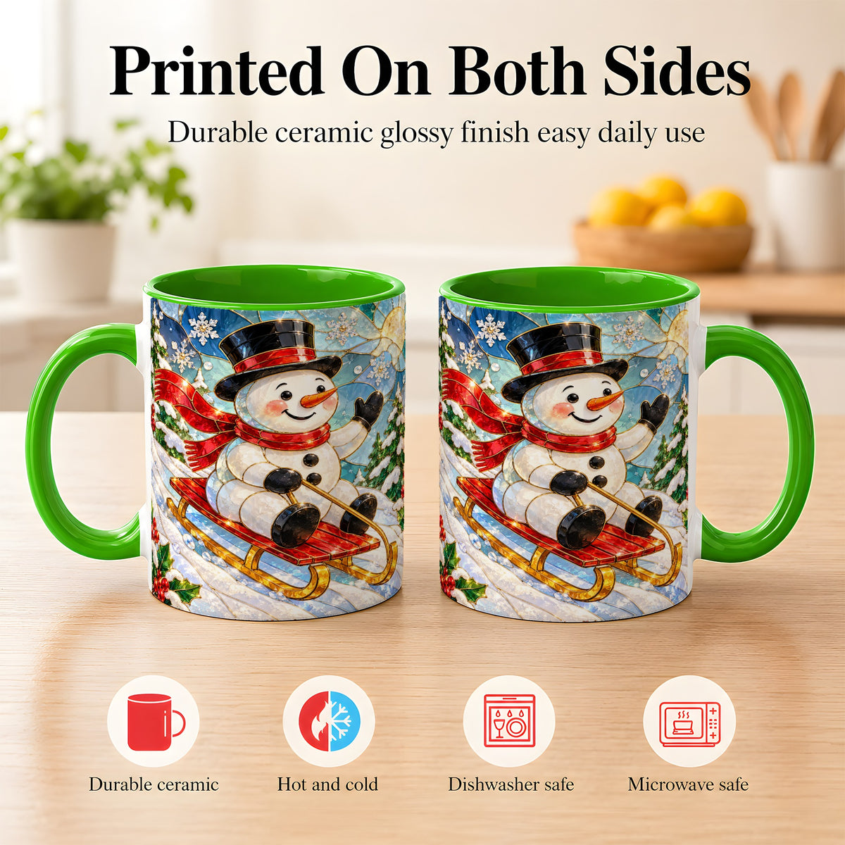 #pl[11oz|Green] Sledding Snowman Coffee Mug, Stained Glass Style Mug, Ceramic Cup