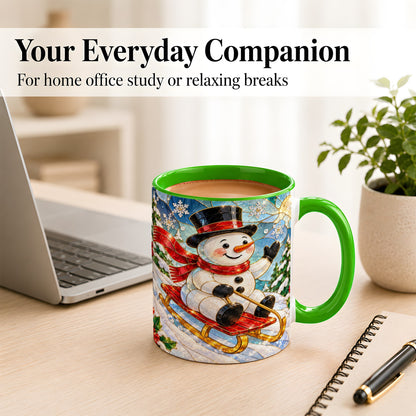 #pl[11oz|Green] Sledding Snowman Coffee Mug, Stained Glass Style Mug, Ceramic Cup