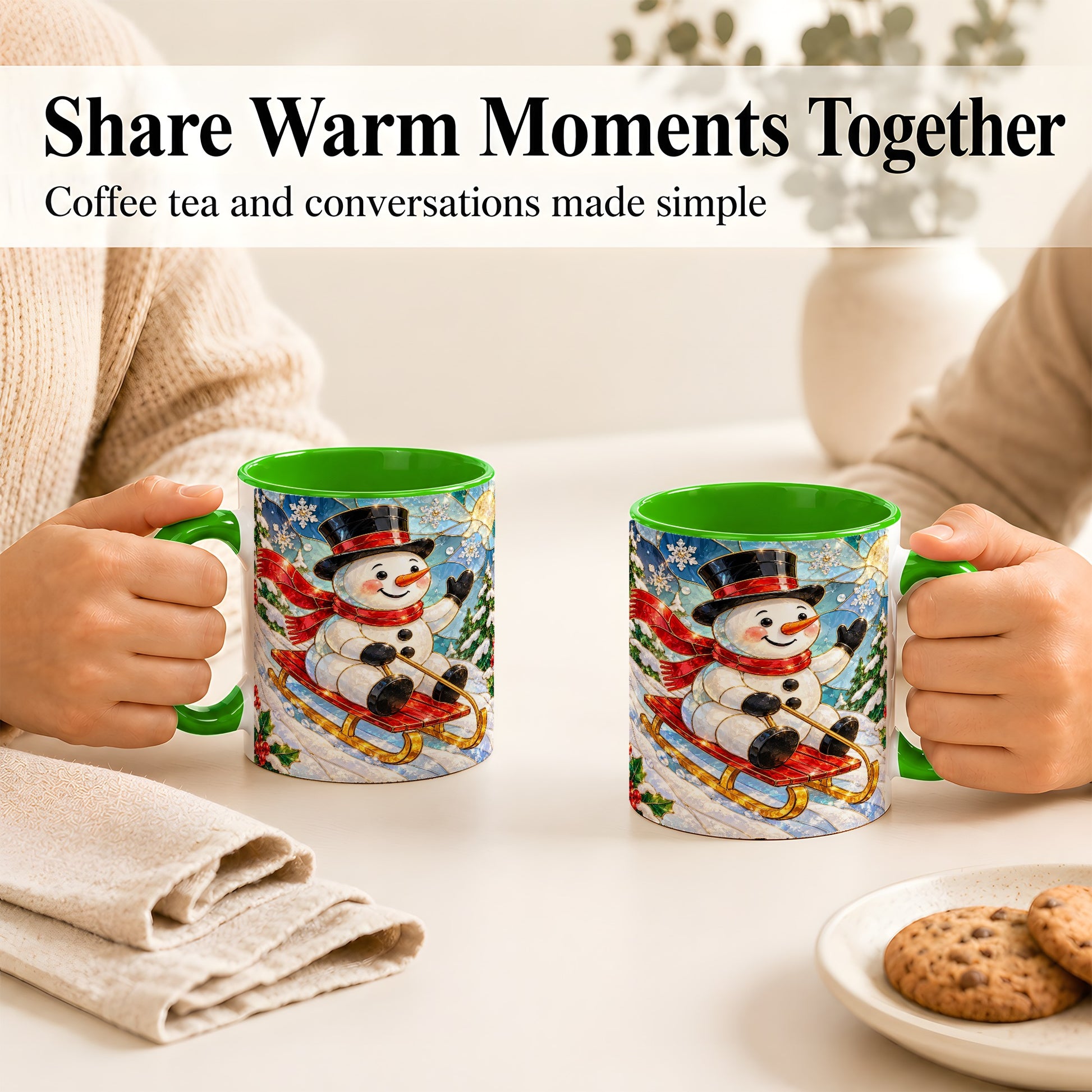 #pl[11oz|Green] Sledding Snowman Coffee Mug, Stained Glass Style Mug, Ceramic Cup