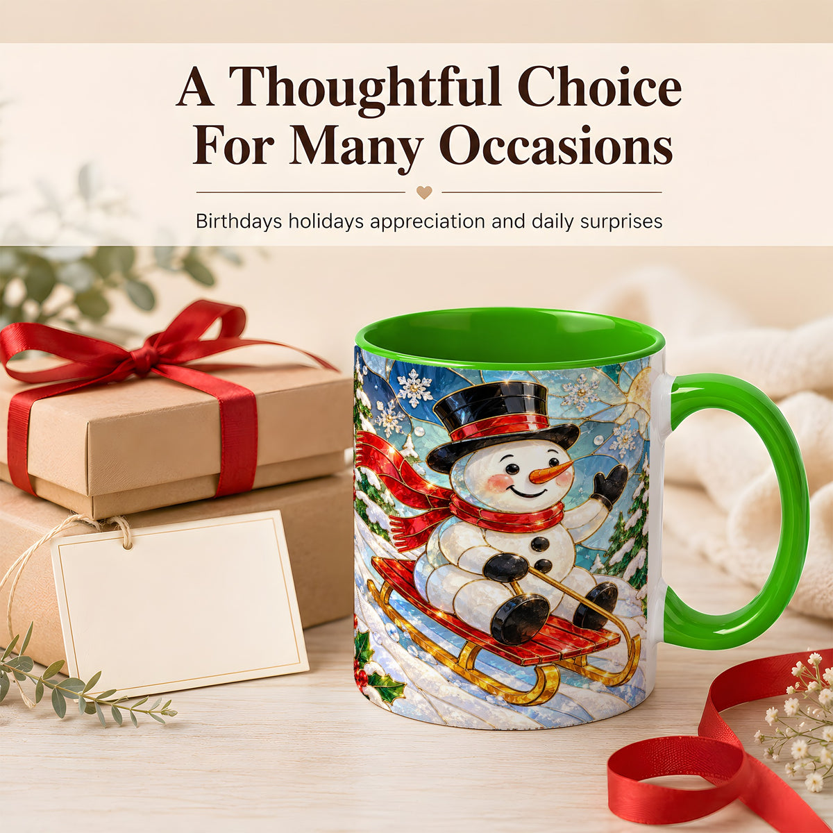 #pl[11oz|Green] Sledding Snowman Coffee Mug, Stained Glass Style Mug, Ceramic Cup