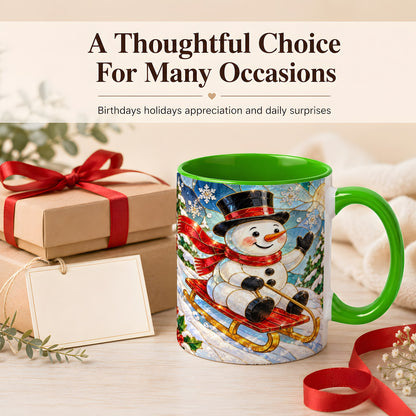 #pl[11oz|Green] Sledding Snowman Coffee Mug, Stained Glass Style Mug, Ceramic Cup