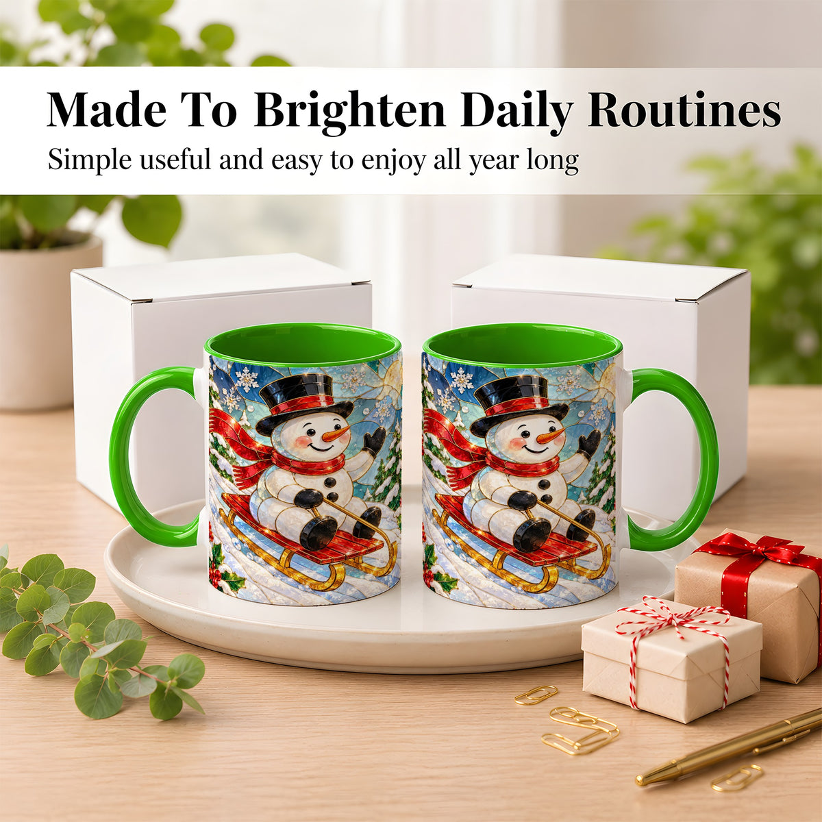 #pl[11oz|Green] Sledding Snowman Coffee Mug, Stained Glass Style Mug, Ceramic Cup