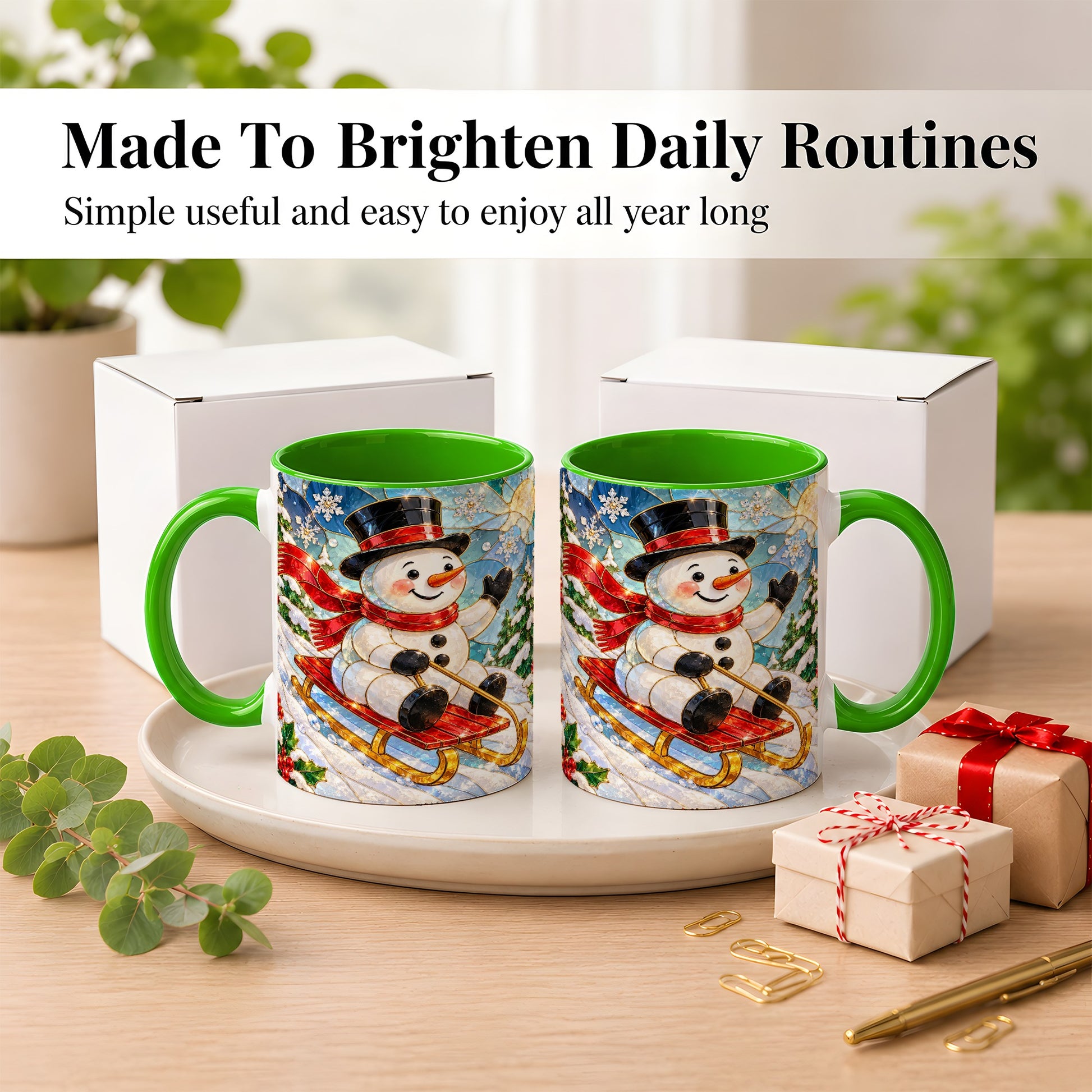 #pl[11oz|Green] Sledding Snowman Coffee Mug, Stained Glass Style Mug, Ceramic Cup