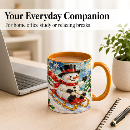 #pl[11oz|Orange] Sledding Snowman Coffee Mug, Stained Glass Style Mug, Ceramic Cup