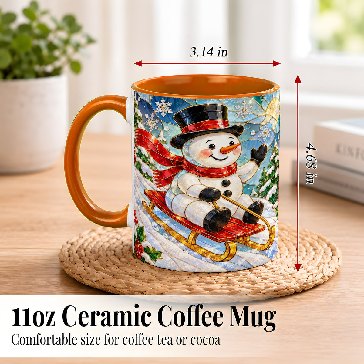#pl[11oz|Orange] Sledding Snowman Coffee Mug, Stained Glass Style Mug, Ceramic Cup