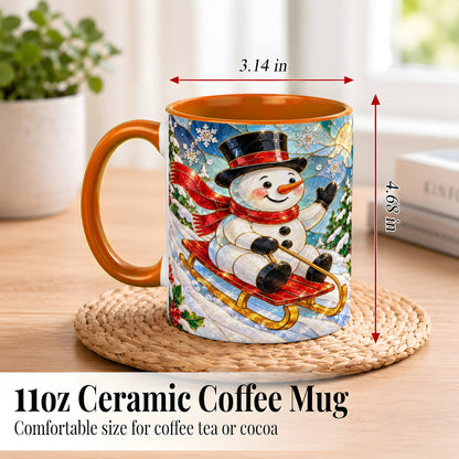 #pl[11oz|Orange] Sledding Snowman Coffee Mug, Stained Glass Style Mug, Ceramic Cup