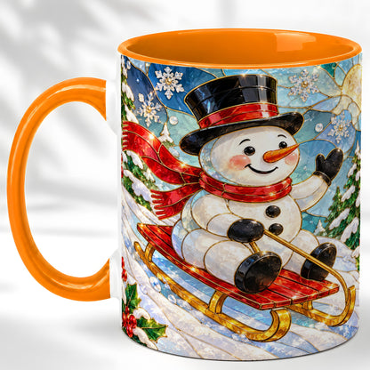 #pl[11oz|Orange] Sledding Snowman Coffee Mug, Stained Glass Style Mug, Ceramic Cup