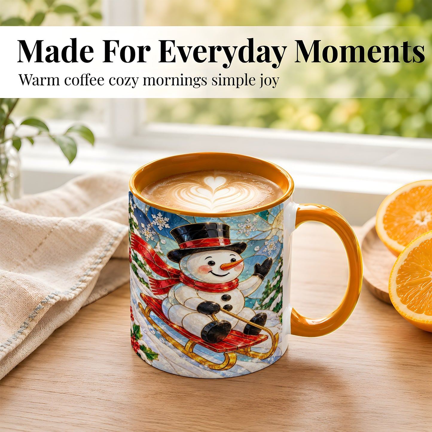 #pl[11oz|Orange] Sledding Snowman Coffee Mug, Stained Glass Style Mug, Ceramic Cup