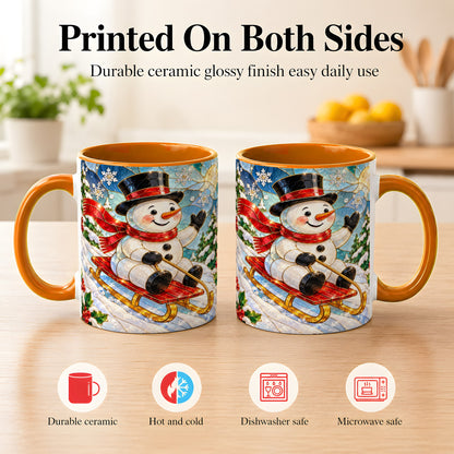 #pl[11oz|Orange] Sledding Snowman Coffee Mug, Stained Glass Style Mug, Ceramic Cup