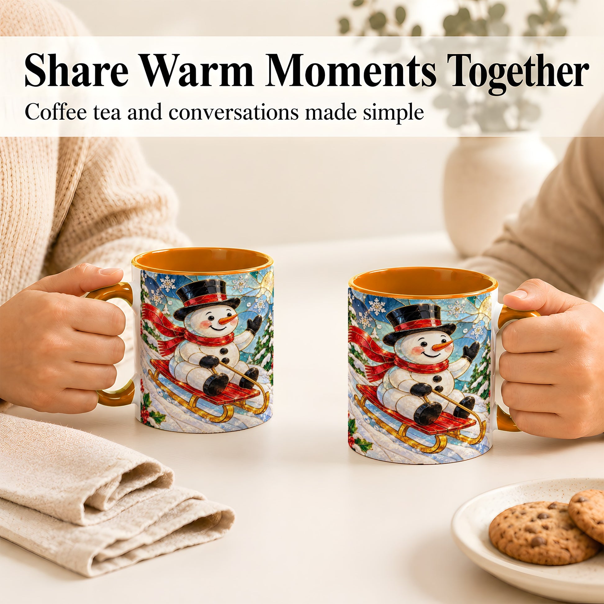 #pl[11oz|Orange] Sledding Snowman Coffee Mug, Stained Glass Style Mug, Ceramic Cup