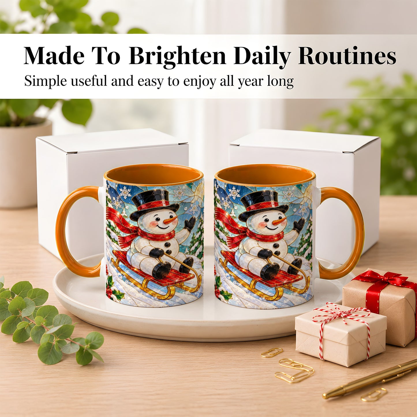 #pl[11oz|Orange] Sledding Snowman Coffee Mug, Stained Glass Style Mug, Ceramic Cup
