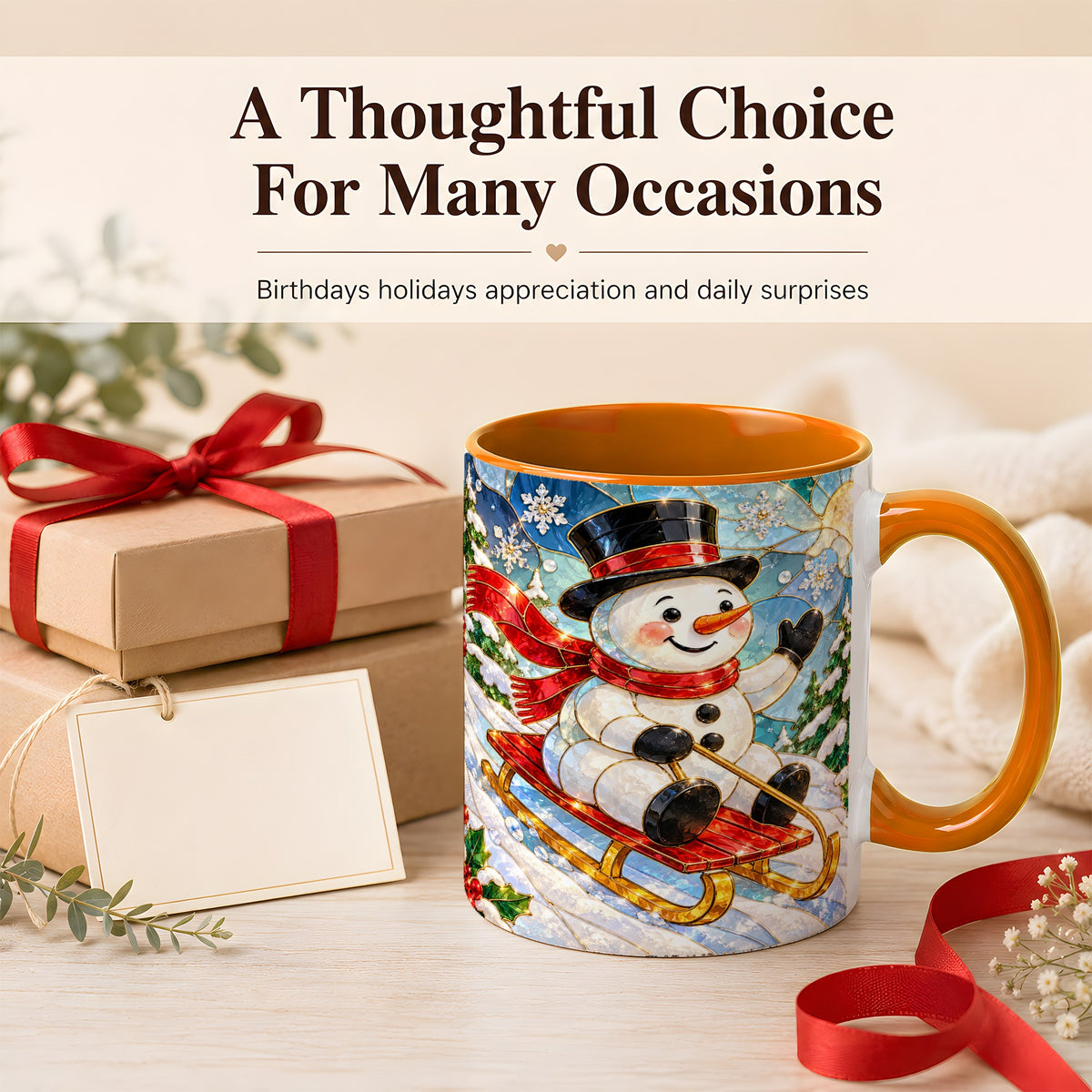 #pl[11oz|Orange] Sledding Snowman Coffee Mug, Stained Glass Style Mug, Ceramic Cup