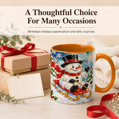 #pl[11oz|Orange] Sledding Snowman Coffee Mug, Stained Glass Style Mug, Ceramic Cup