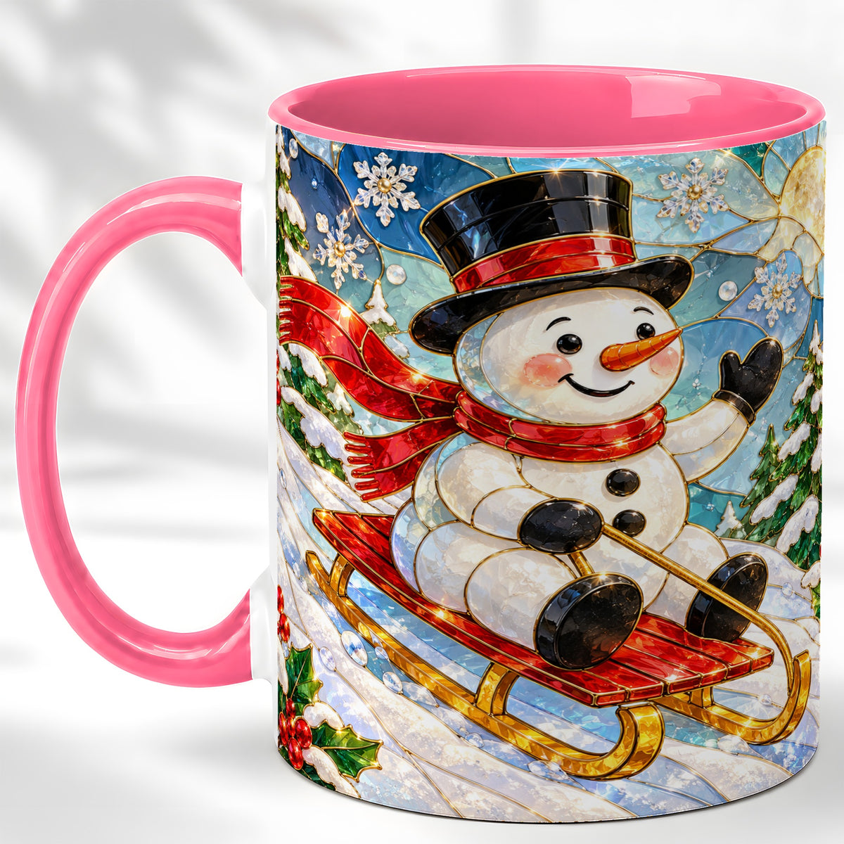 #pl[11oz|Pink] Sledding Snowman Coffee Mug, Stained Glass Style Mug, Ceramic Cup