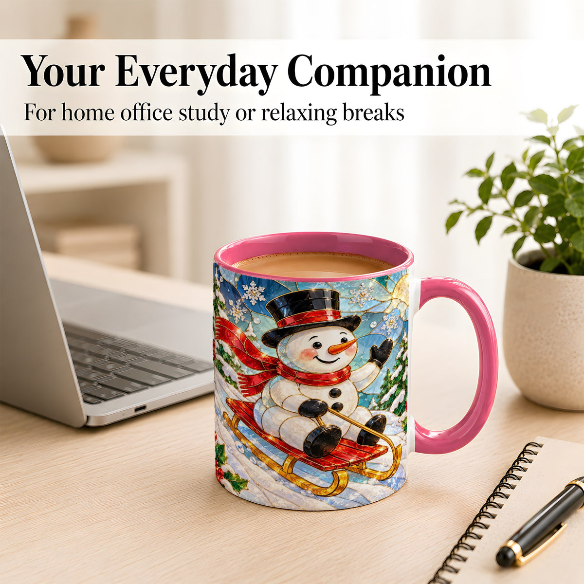 #pl[11oz|Pink] Sledding Snowman Coffee Mug, Stained Glass Style Mug, Ceramic Cup