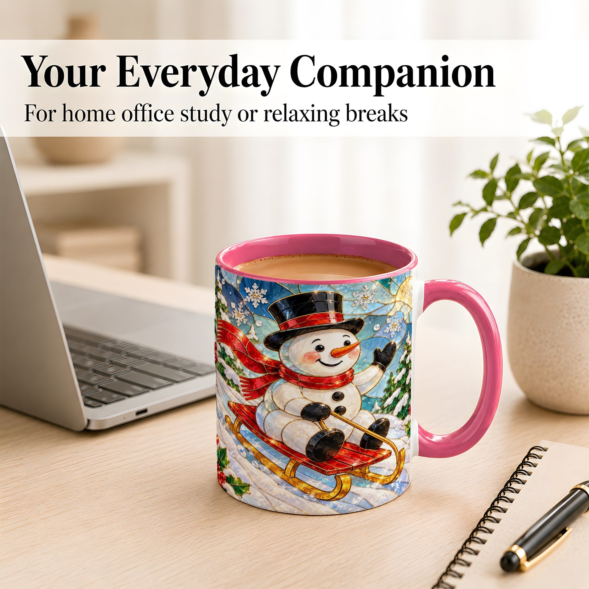 #pl[11oz|Pink] Sledding Snowman Coffee Mug, Stained Glass Style Mug, Ceramic Cup